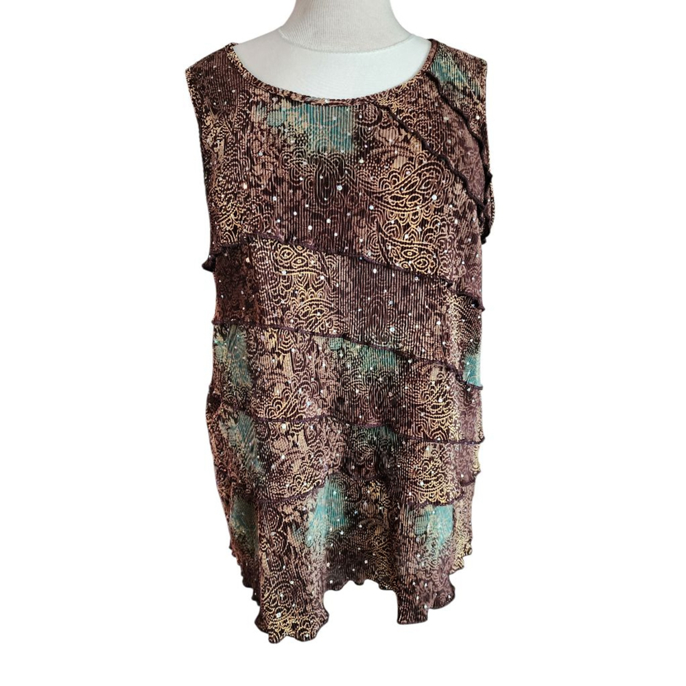Only Nine Woman 2X Sleeveless Pleated Rhinestone Paisley Top Brown Teal Sparkle